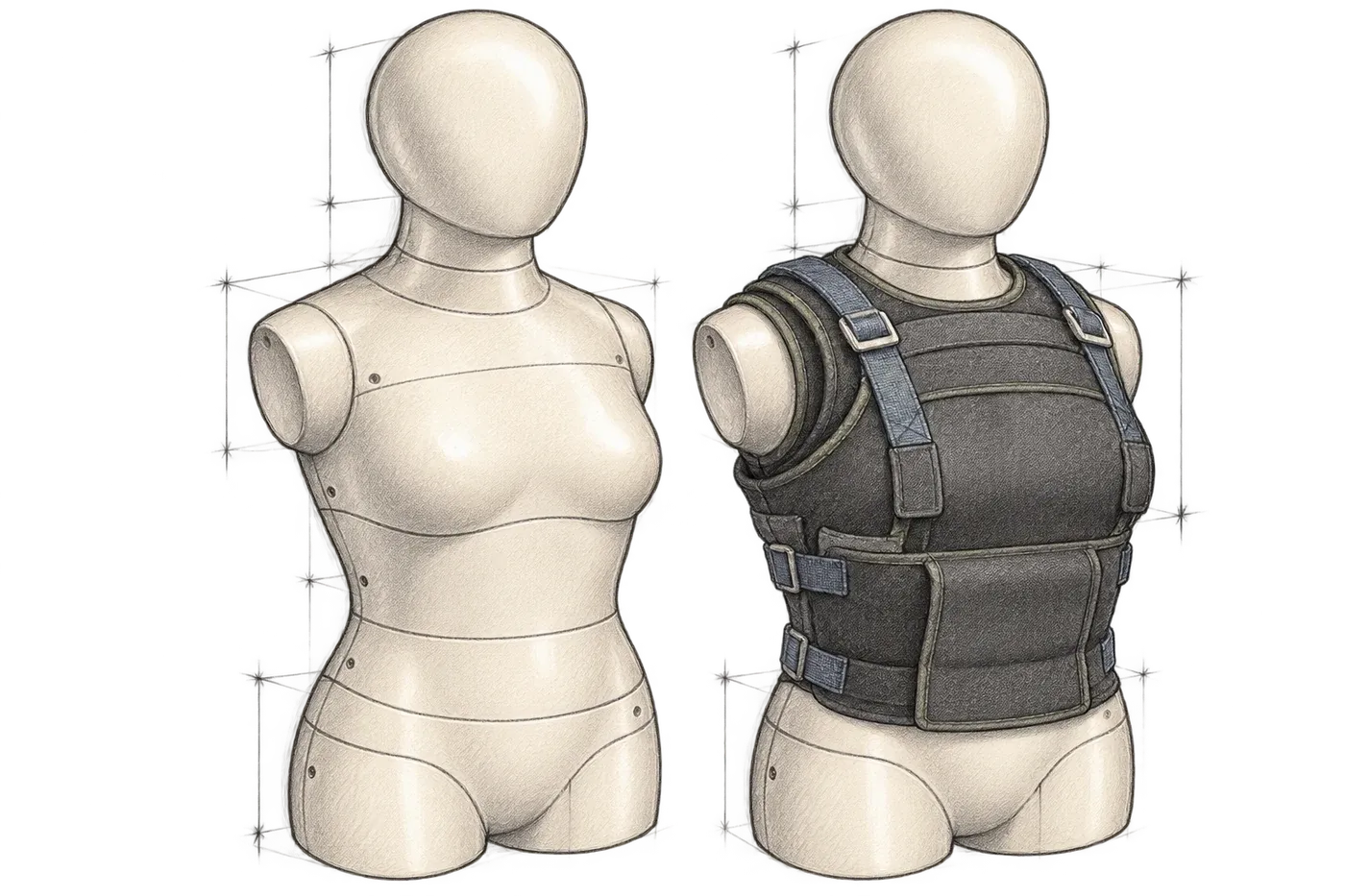 Dessin de deux torses de mesure sans bras ni jambes, dont l’un porte un gilet de protection.