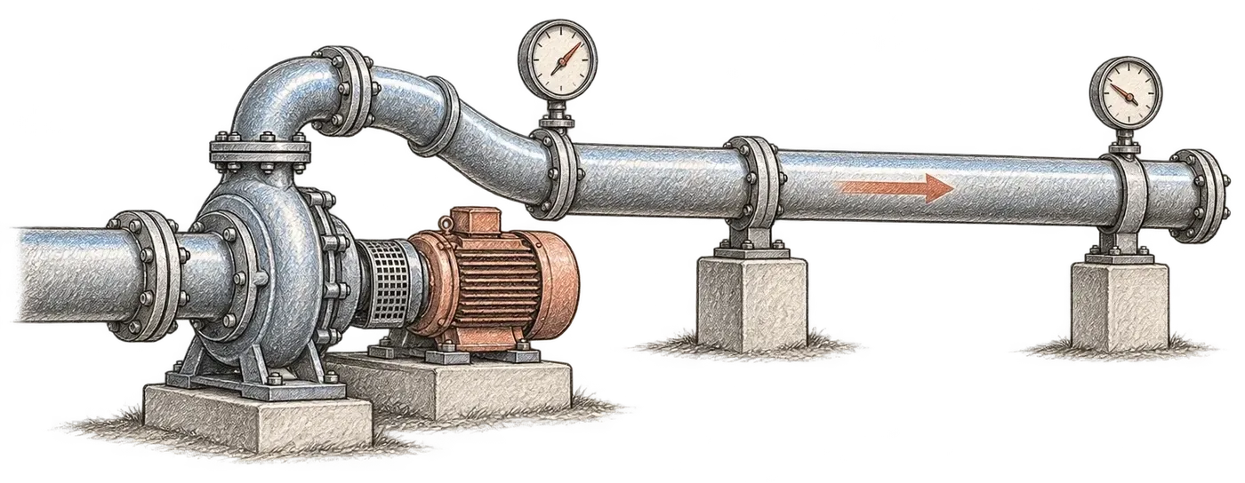 Croquis d’une pompe centrifuge reliée à une conduite horizontale équipée de deux manomètres.